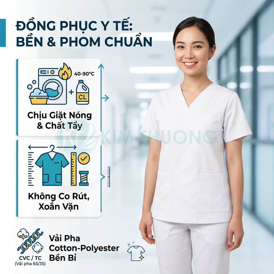 Đồng phục y tế nữ màu trắng vải pha cotton polyester bền, không co rút, chịu giặt nóng và chất tẩy