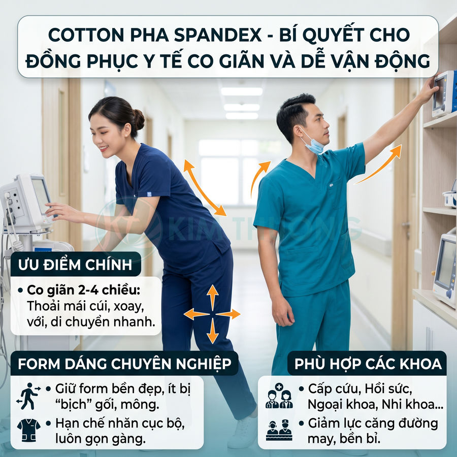 Đồng phục y tế cotton pha spandex co giãn, hai nhân viên y tế mặc và thao tác trong hành lang bệnh viện