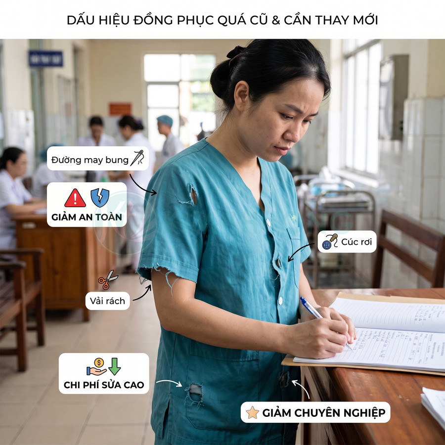 Nhân viên y tế mặc đồng phục bệnh viện màu xanh đã cũ rách, cúc rơi, đang ghi chép sổ sách