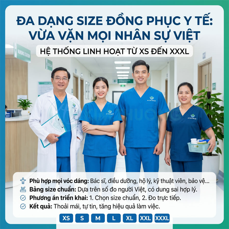 Nhóm bác sĩ và điều dưỡng mặc đồng phục y tế xanh đa dạng size đứng trong hành lang bệnh viện