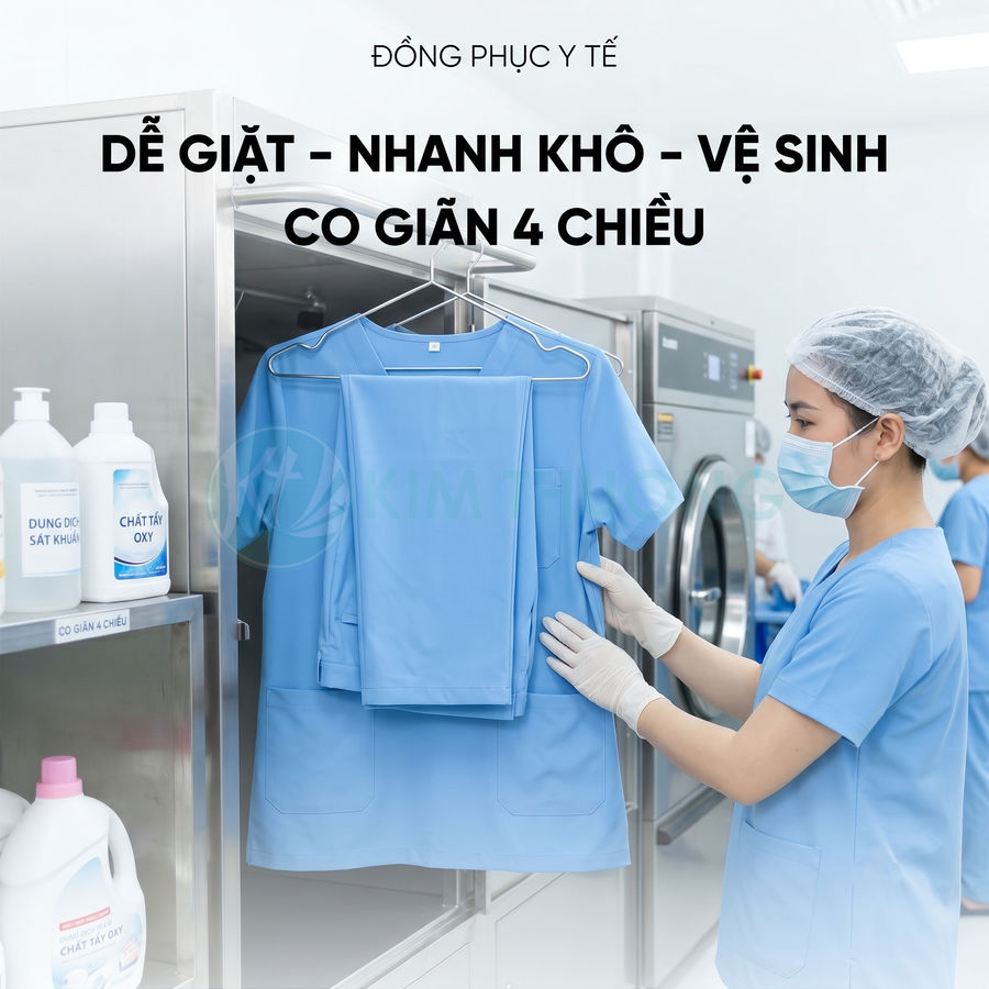 Đồng phục y tế màu xanh dễ giặt nhanh khô co giãn 4 chiều trong phòng giặt bệnh viện