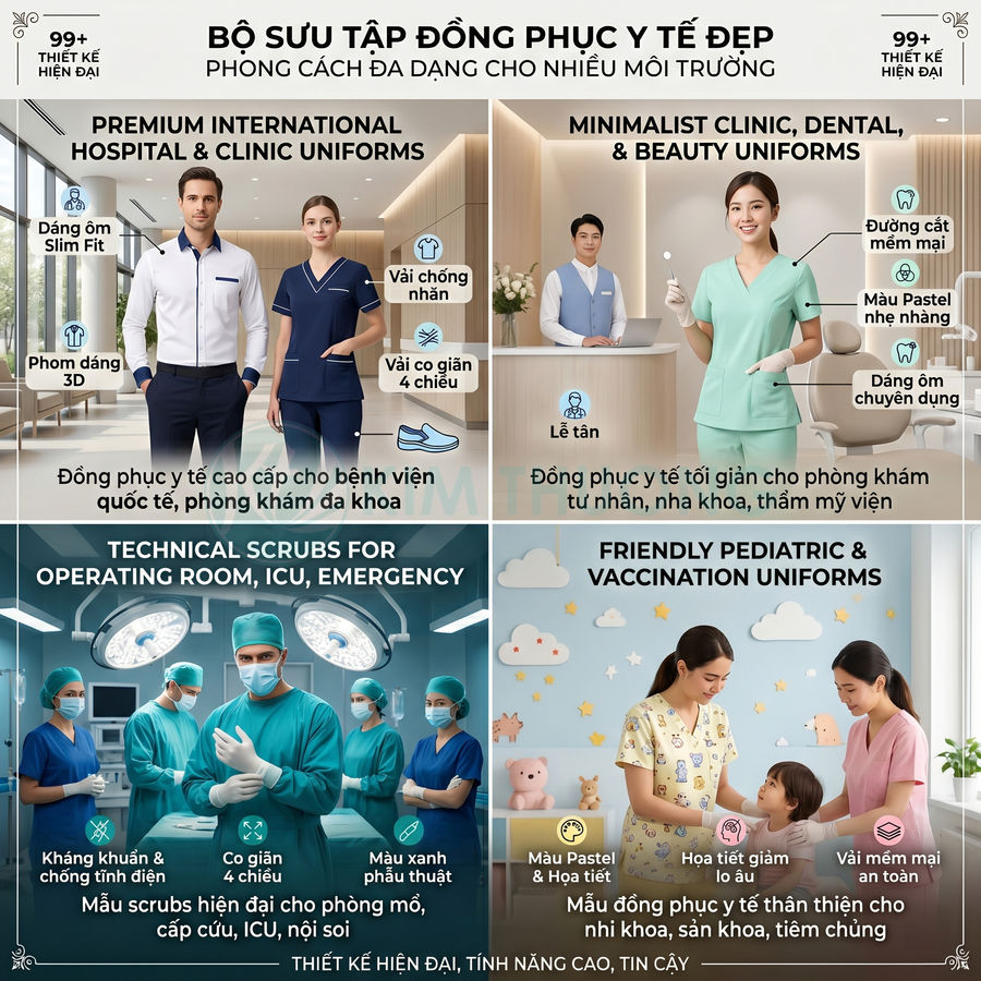 Bộ sưu tập đồng phục y tế hiện đại cho bệnh viện, phòng khám, nha khoa, phẫu thuật và nhi khoa