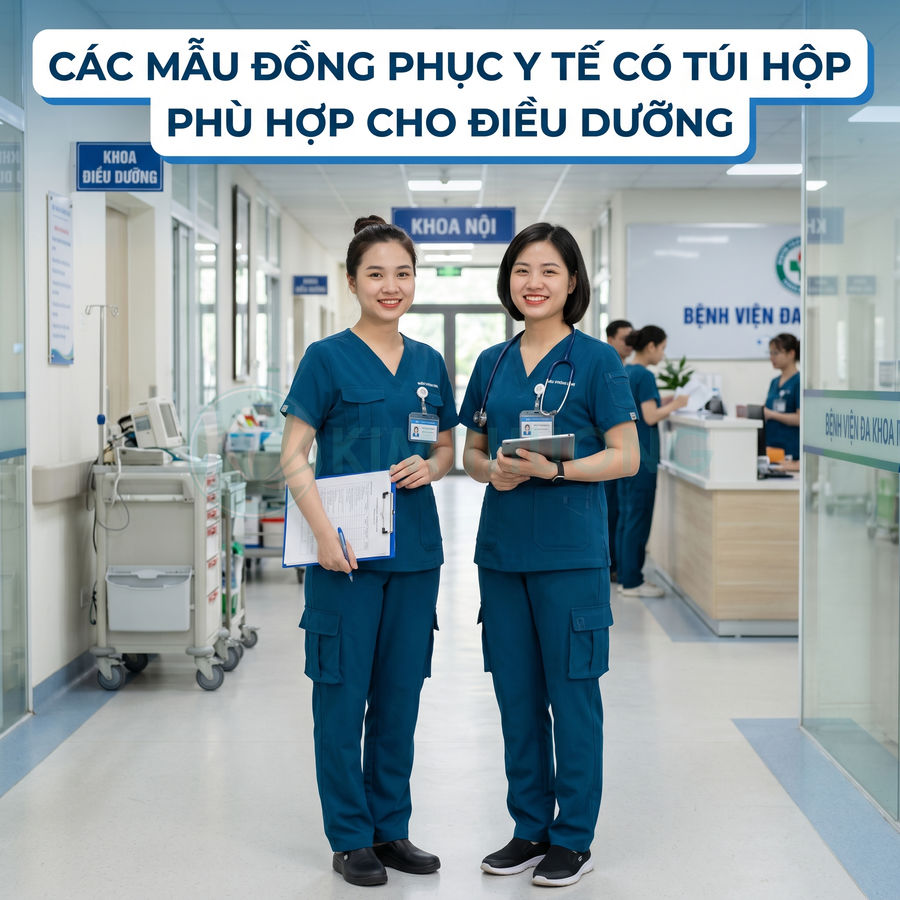 Đồng phục y tế màu xanh túi hộp cho điều dưỡng nữ trong bệnh viện đa khoa
