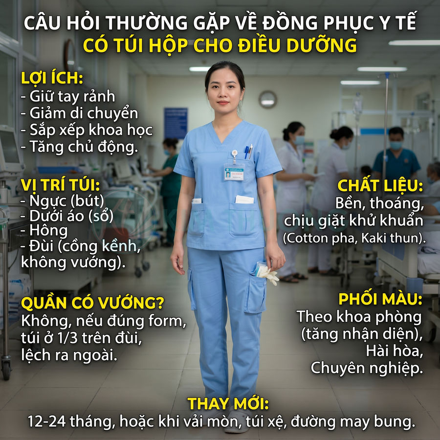 Điều dưỡng mặc đồng phục y tế màu xanh có nhiều túi hộp đứng trong phòng bệnh viện