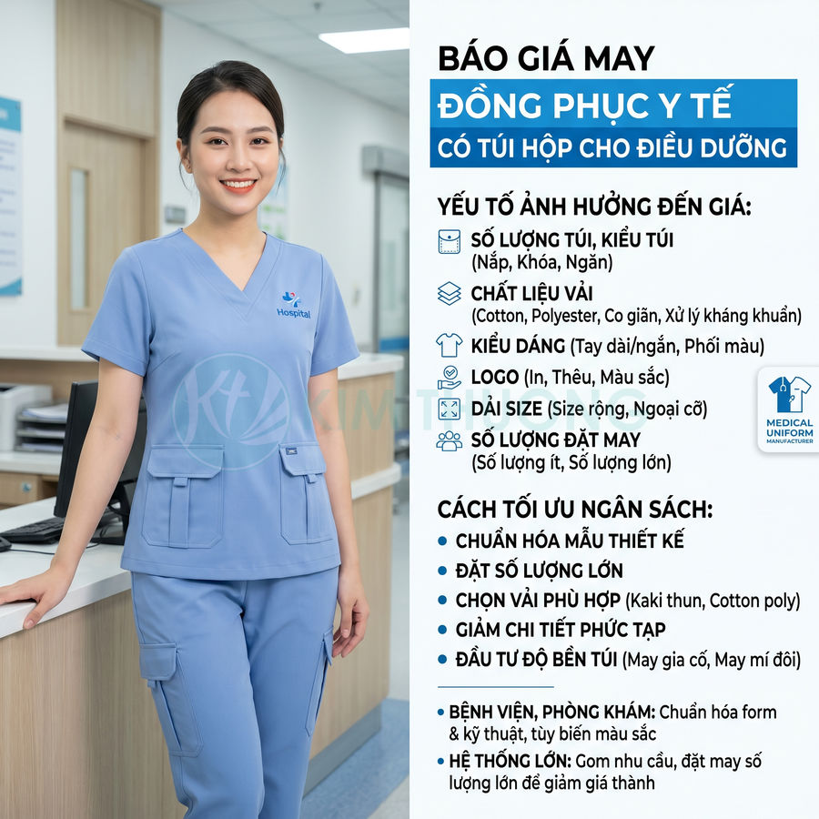 Đồng phục y tế màu xanh cho điều dưỡng nữ với áo quần có nhiều túi hộp tiện dụng trong bệnh viện