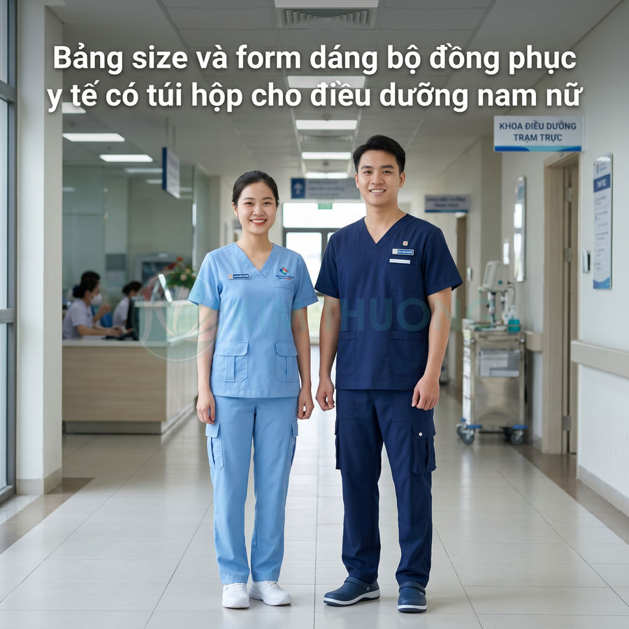Đồng phục y tế có túi hộp cho điều dưỡng nam nữ màu xanh nhạt và xanh đậm trong bệnh viện