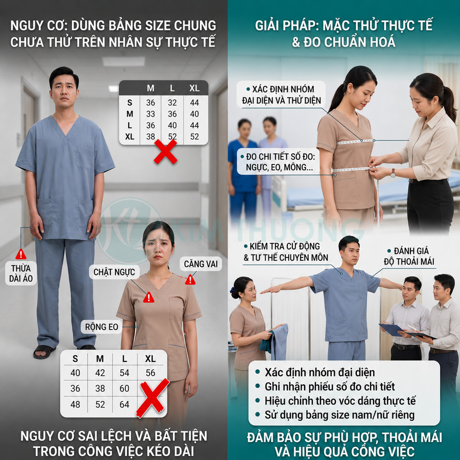 Đo size và mặc thử đồng phục y tế cho nhân viên để chọn kích cỡ chuẩn, thoải mái và phù hợp vóc dáng