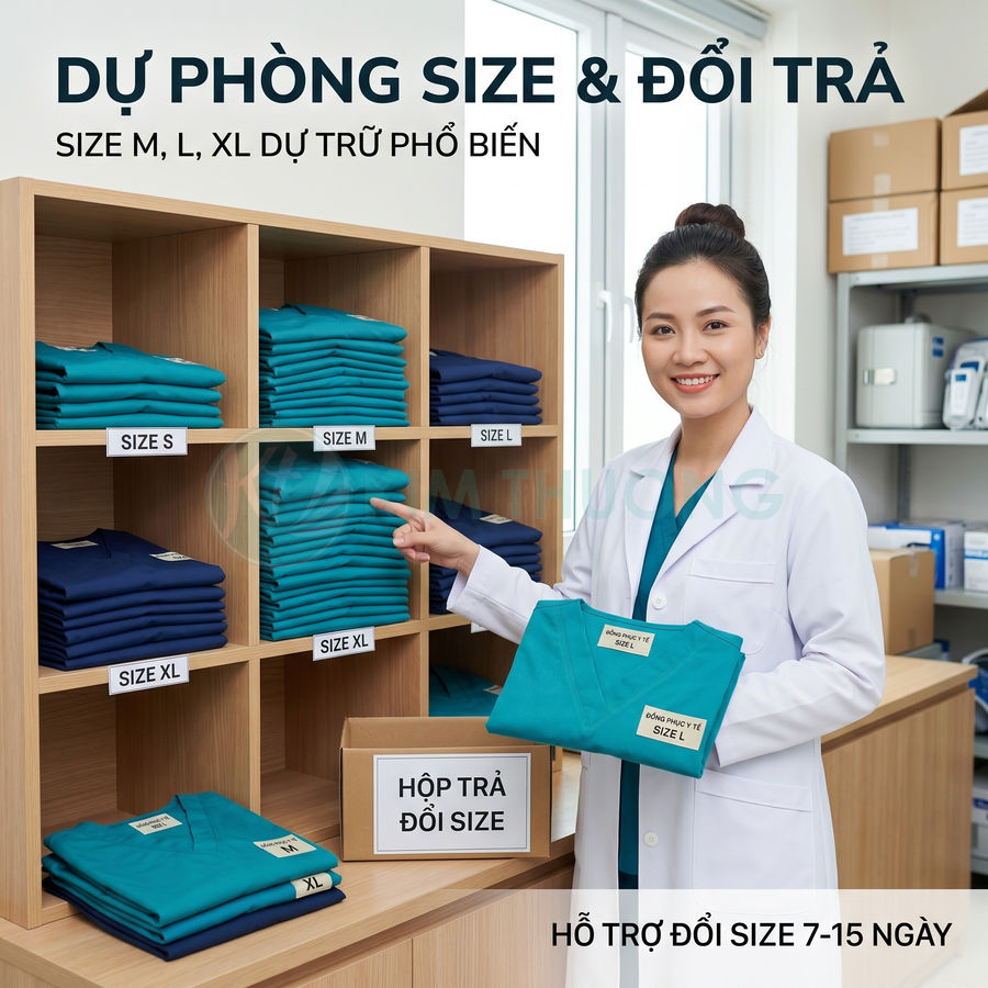 Nhân viên y tế cầm bộ đồng phục màu xanh, đứng cạnh kệ áo quần y khoa xếp theo từng size S M L XL