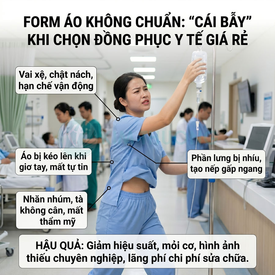 Đồng phục y tế giá rẻ form áo không chuẩn gây nhăn nhúm, chật nách, kéo áo khi giơ tay, giảm thoải mái khi làm việc