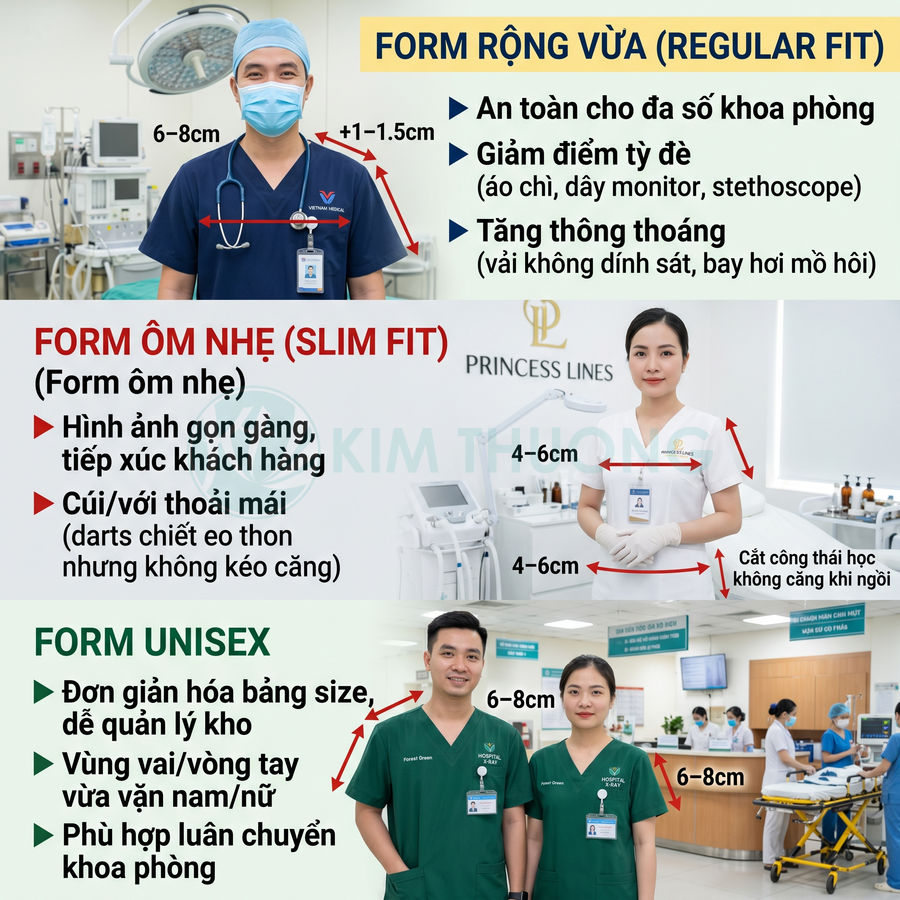 Đồng phục y tế Kim Thịnh form rộng, ôm nhẹ và unisex cho bác sĩ, điều dưỡng trong bệnh viện