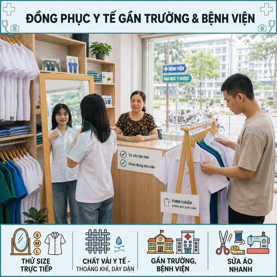 Cửa hàng bán đồng phục y tế, khách thử áo blouse trắng trước gương và chọn size trên giá treo