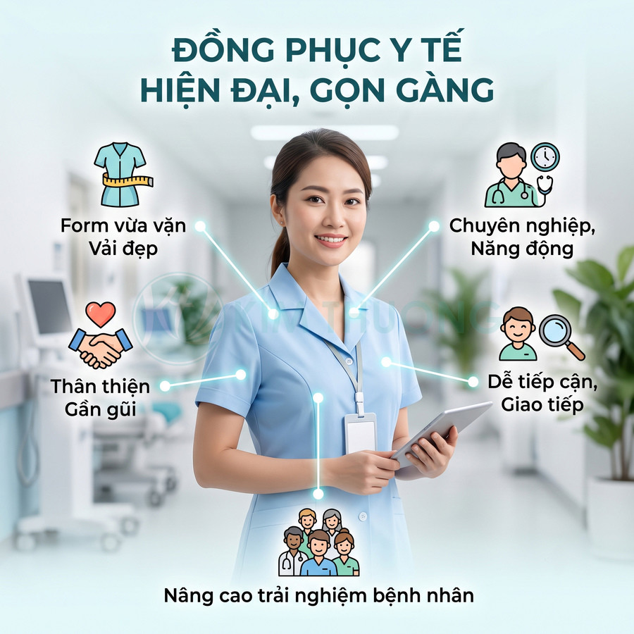 Nữ y tá mặc đồng phục y tế màu xanh hiện đại gọn gàng cầm máy tính bảng trong hành lang bệnh viện