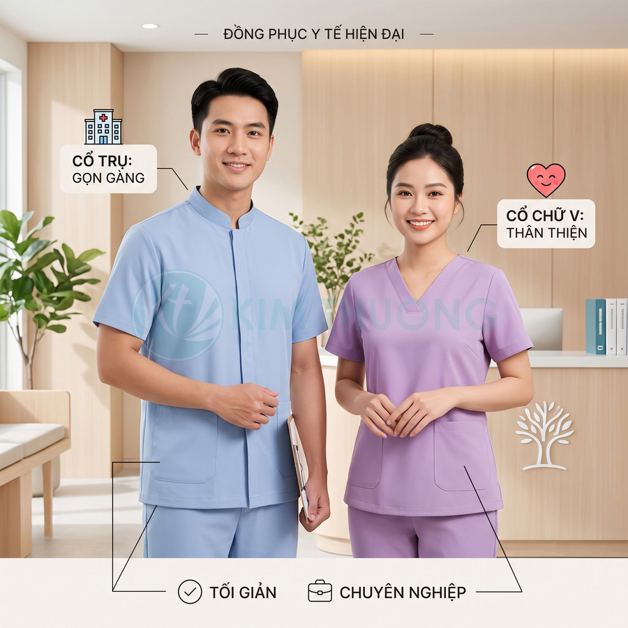 Đồng phục y tế hiện đại màu xanh và tím pastel cho bác sĩ, y tá trong phòng khám sáng sủa