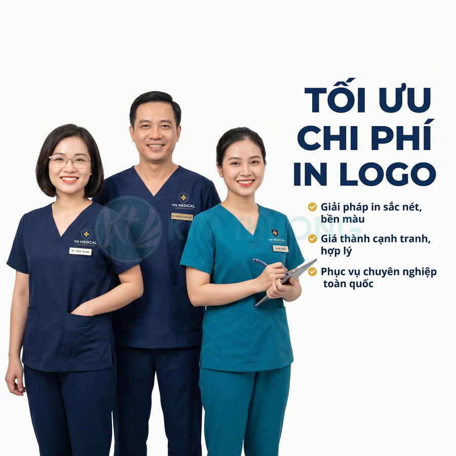 Đồng phục y tế VN Medical màu xanh in logo và bảng tên cho đội ngũ bác sĩ, y tá chuyên nghiệp