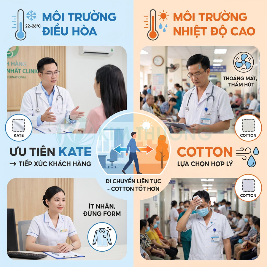 So sánh đồng phục y tế vải kate và cotton, phù hợp môi trường điều hòa và nhiệt độ cao