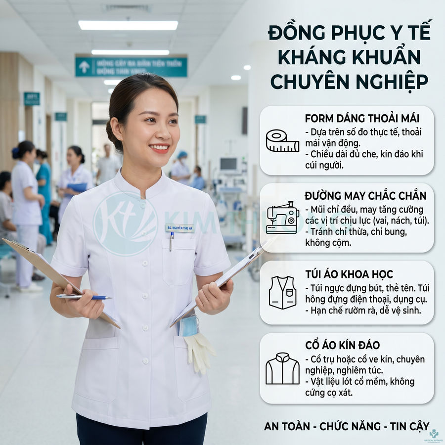 Nữ bác sĩ mặc đồng phục y tế trắng kháng khuẩn chuyên nghiệp, cầm hồ sơ trong bệnh viện