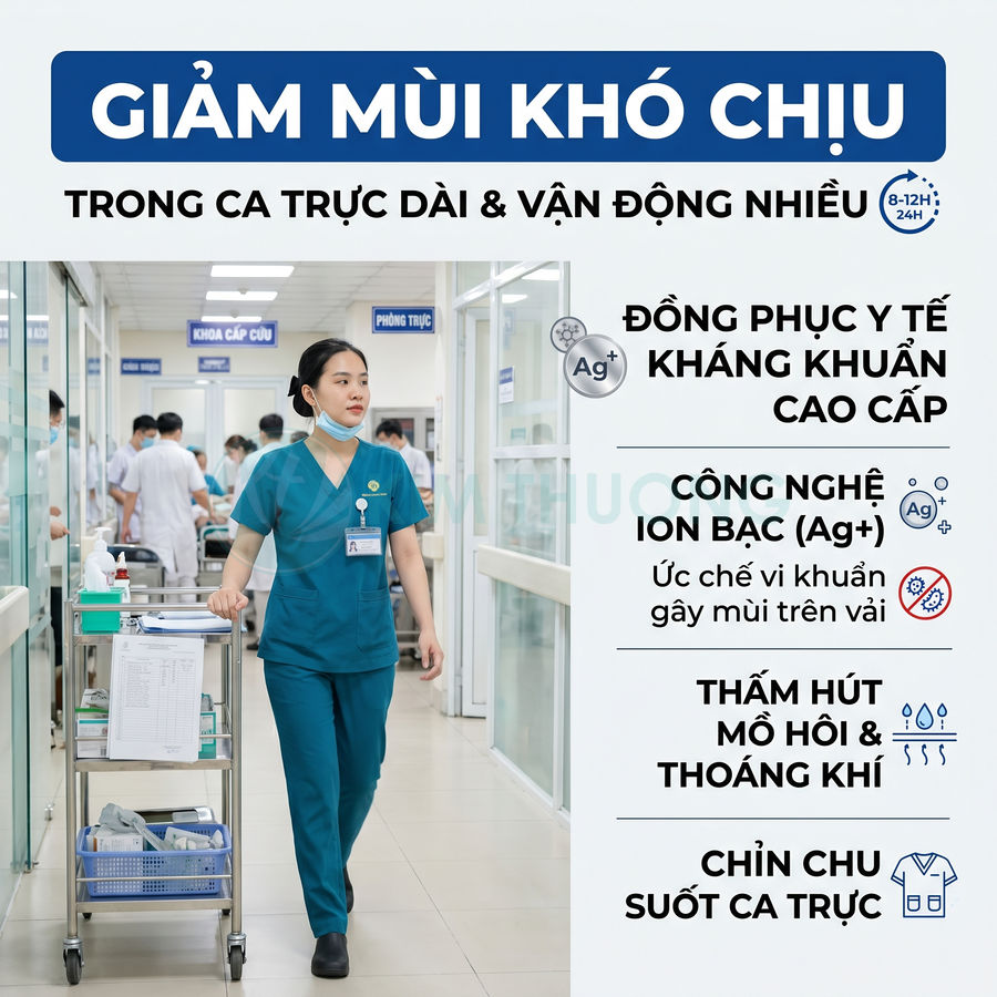 Đồng phục y tế kháng khuẩn công nghệ ion bạc Ag+ cho điều dưỡng, thấm hút mồ hôi và giảm mùi khó chịu khi trực lâu