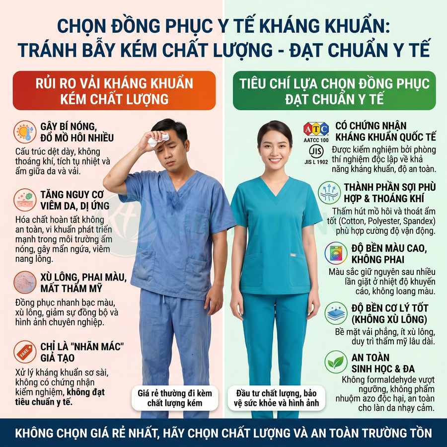 Đồng phục y tế kháng khuẩn chất lượng cao so sánh với đồ kém chất lượng, nhấn mạnh tiêu chí an toàn và bền màu