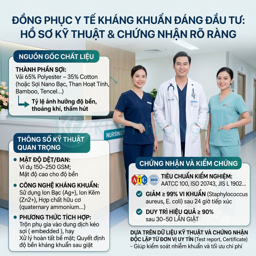 Đồng phục y tế kháng khuẩn cao cấp cho bác sĩ và y tá với thông số kỹ thuật và chứng nhận rõ ràng
