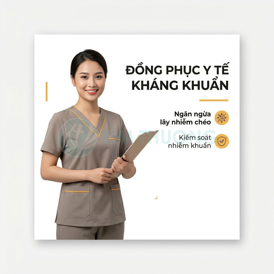 Nữ nhân viên y tế mặc đồng phục y tế kháng khuẩn màu nâu cầm bảng hồ sơ đứng mỉm cười