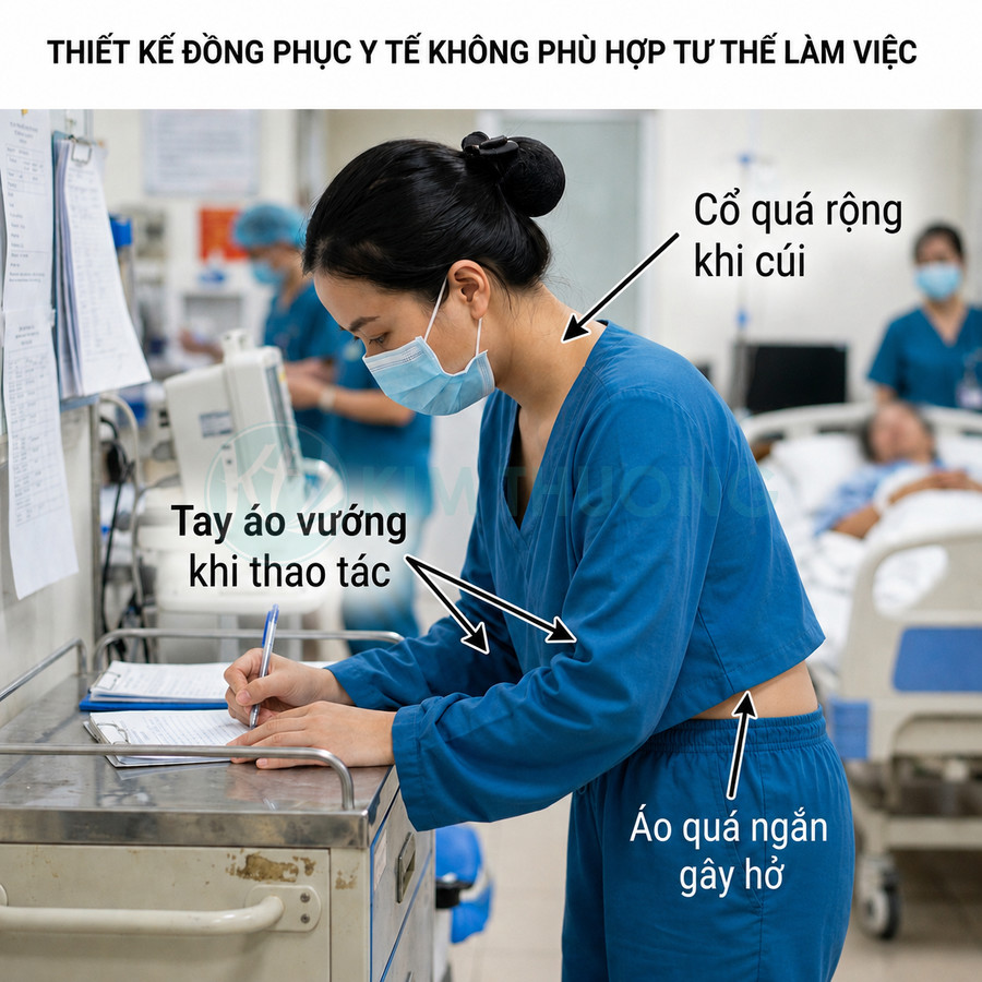 Nhân viên y tế mặc đồng phục rộng ngắn bất tiện khi cúi người ghi chép trong phòng bệnh