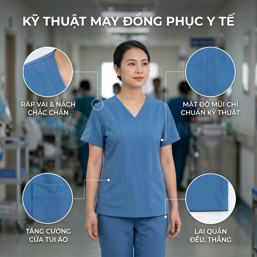 Đồng phục y tế màu xanh dương cho nữ, may cổ tim, túi áo vuông, đường may chắc chắn trong bệnh viện