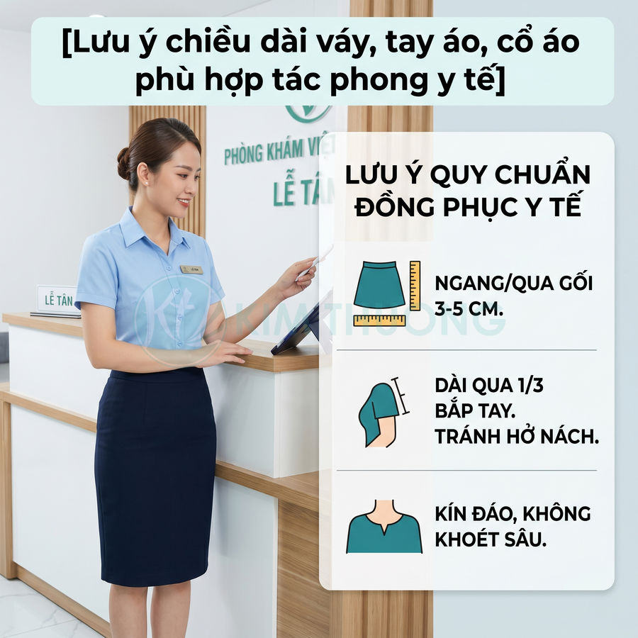 Nhân viên lễ tân phòng khám mặc đồng phục y tế áo sơ mi xanh nhạt và chân váy bút chì xanh đậm