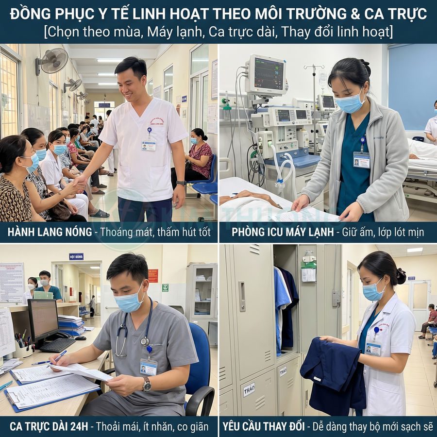 Đồng phục y tế bệnh viện cho bác sĩ và y tá, thiết kế linh hoạt cho hành lang, phòng ICU và ca trực dài