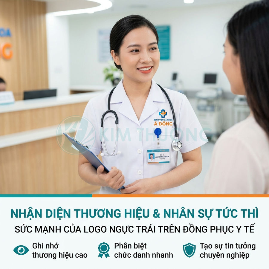 Nữ bác sĩ mặc đồng phục y tế in logo ngực trái bệnh viện A Đông đang tư vấn cho bệnh nhân