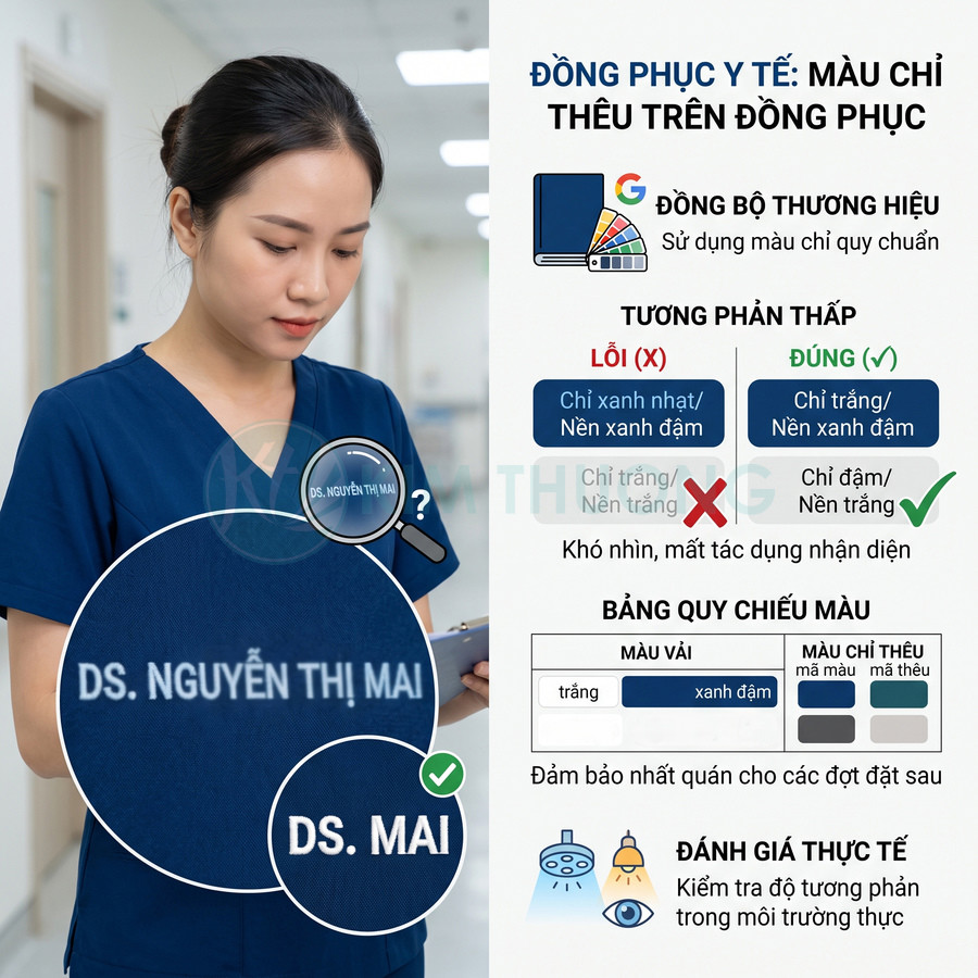 Đồng phục y tế màu xanh đậm với tên nhân viên thêu chỉ trắng nổi bật trên ngực áo