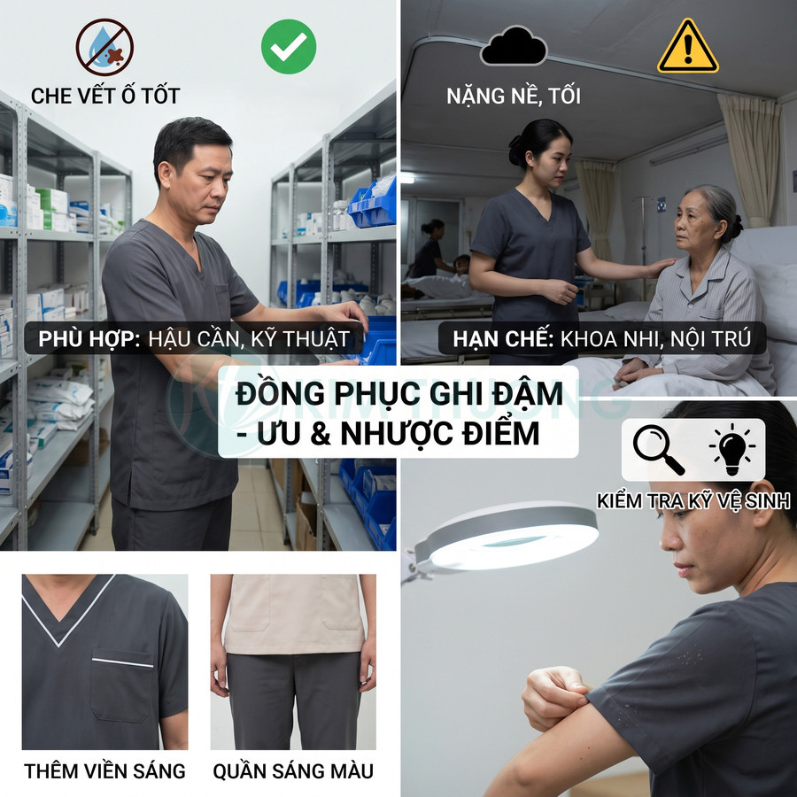 Đồng phục y tá màu ghi đậm cho nhân viên y tế, phối viền sáng và quần sáng màu, phù hợp hậu cần kỹ thuật
