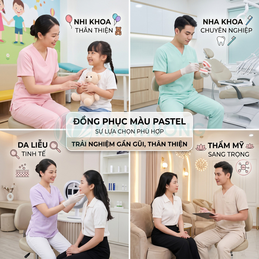 Đồng phục y tế màu pastel cho nha khoa nhi khoa da liễu thẩm mỹ tạo cảm giác chuyên nghiệp thân thiện