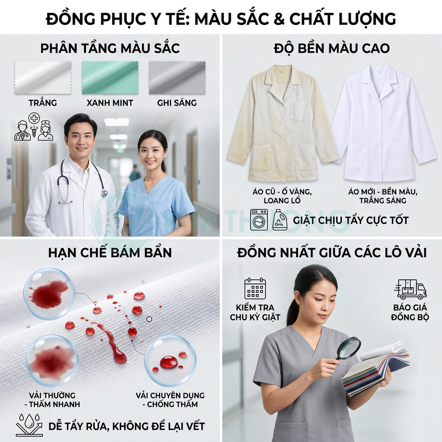 Đồng phục y tế cao cấp màu trắng, xanh mint, ghi sáng, vải bền màu, chống bám bẩn, dễ tẩy rửa cho bác sĩ và y tá