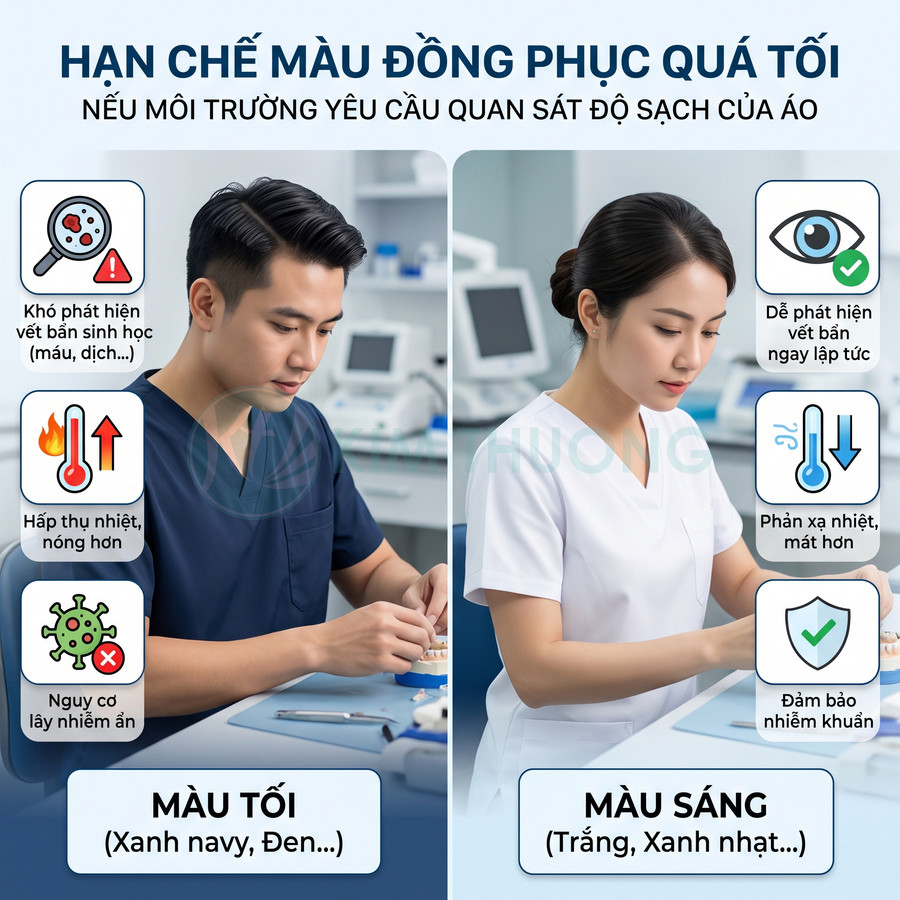 So sánh đồng phục y tế màu tối và màu sáng, nhân viên y tế mặc áo navy và áo trắng trong phòng khám