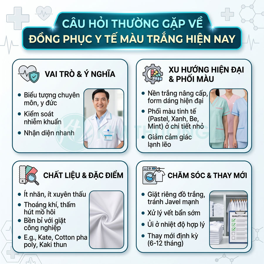 Infographic về đồng phục y tế màu trắng, vai trò, xu hướng phối màu, chất liệu và cách chăm sóc, thay mới