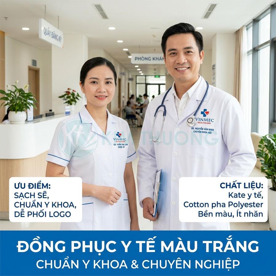 Đồng phục y tế màu trắng Vinmec cho bác sĩ và điều dưỡng, chất liệu kate y tế cotton pha polyester