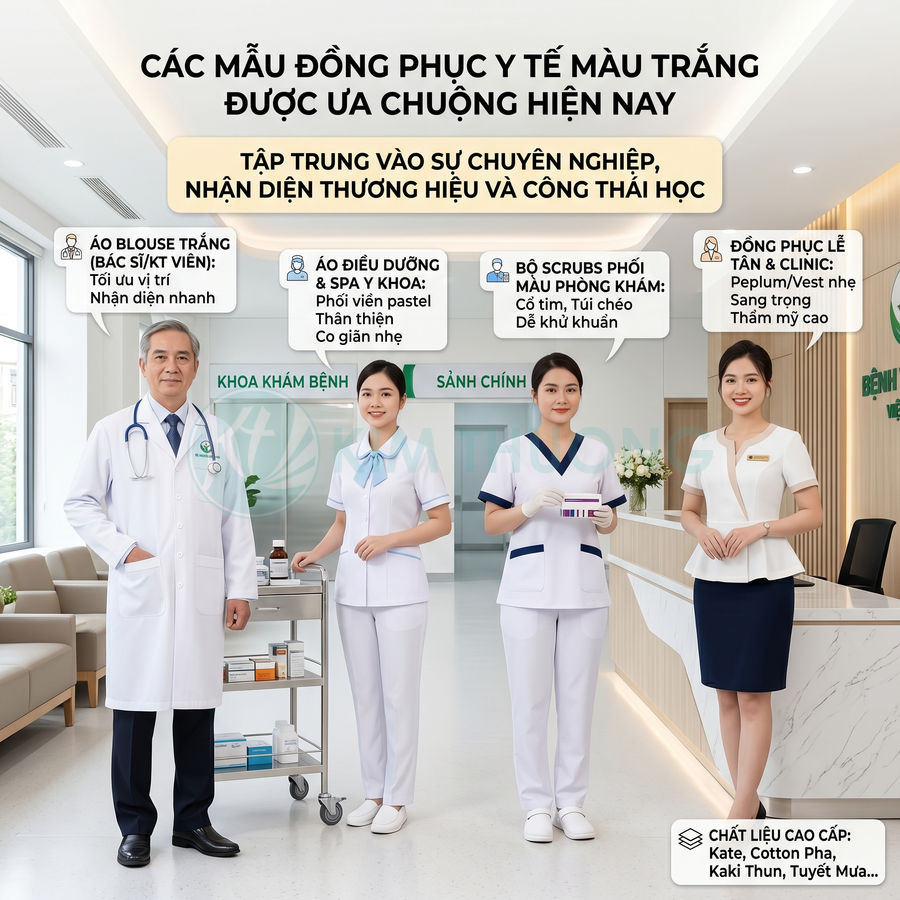 Các mẫu đồng phục y tế màu trắng hiện đại cho bác sĩ, điều dưỡng, lễ tân trong không gian bệnh viện sạch sẽ