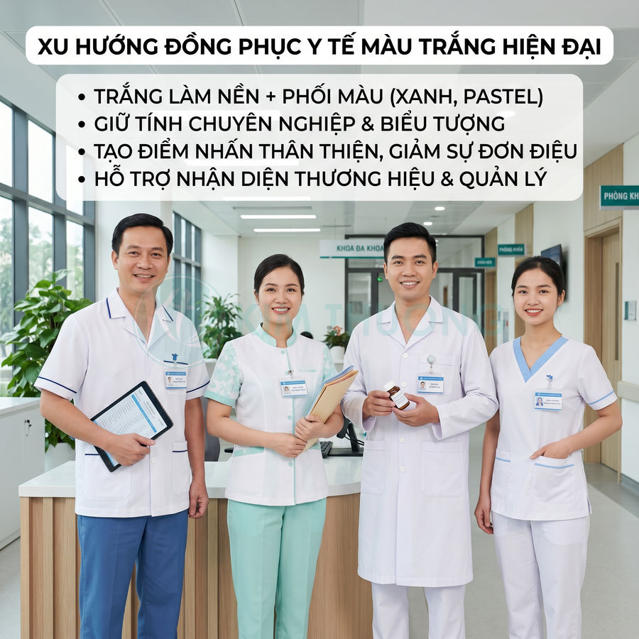 Đội ngũ bác sĩ y tá mặc đồng phục y tế màu trắng phối xanh pastel trong sảnh bệnh viện hiện đại