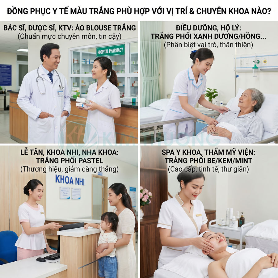 Các mẫu đồng phục y tế màu trắng cho bác sĩ, điều dưỡng, lễ tân bệnh viện và nhân viên spa thẩm mỹ viện