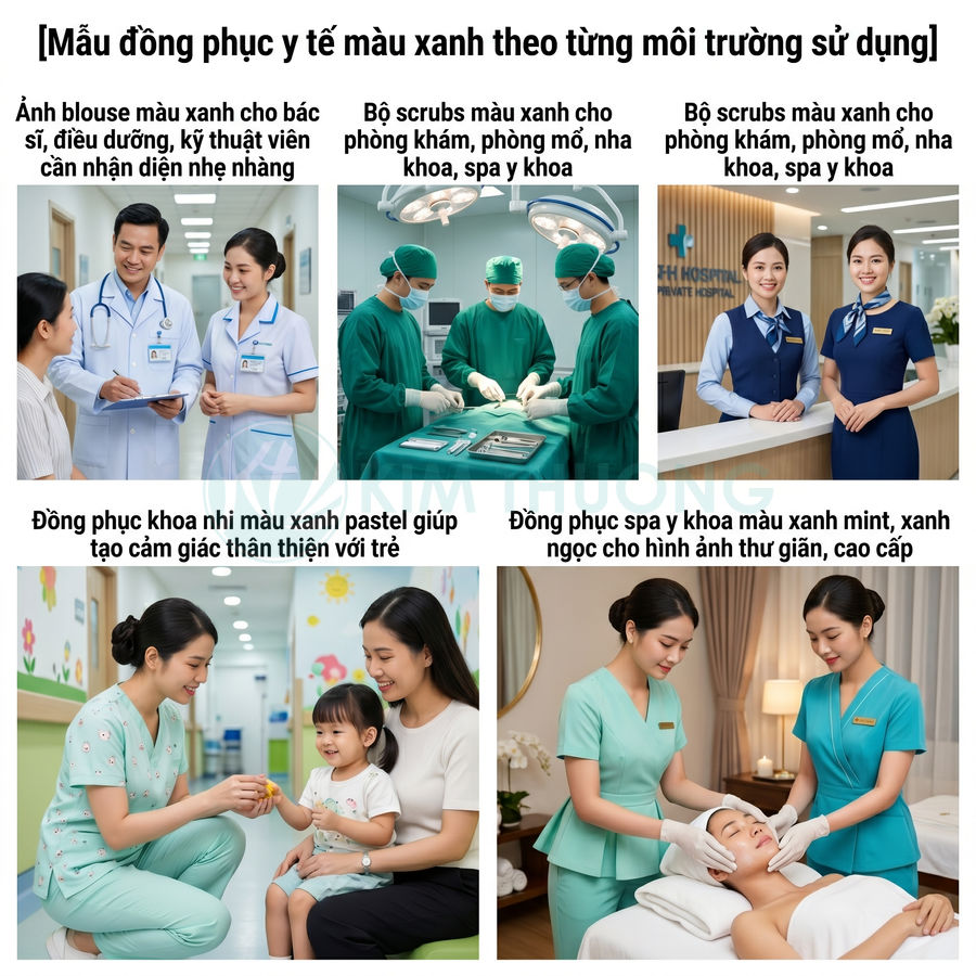 Các mẫu đồng phục y tế màu xanh cho bác sĩ, điều dưỡng, khoa nhi và spa y khoa trong nhiều môi trường làm việc
