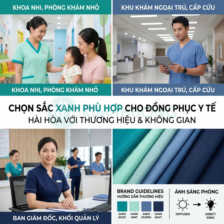 Đồng phục y tế màu xanh cho bác sĩ, y tá và quản lý bệnh viện trong nhiều khoa khám chữa bệnh