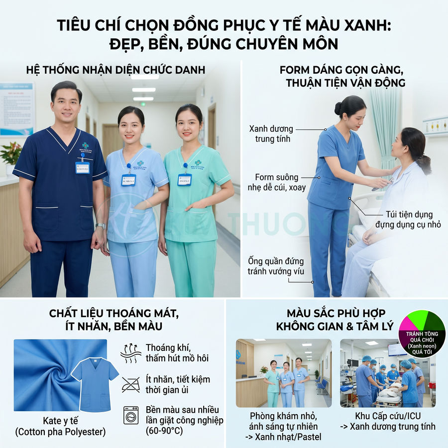 Đồng phục y tế màu xanh cho bác sĩ và y tá, chất liệu kate thoáng mát, form gọn gàng thuận tiện vận động