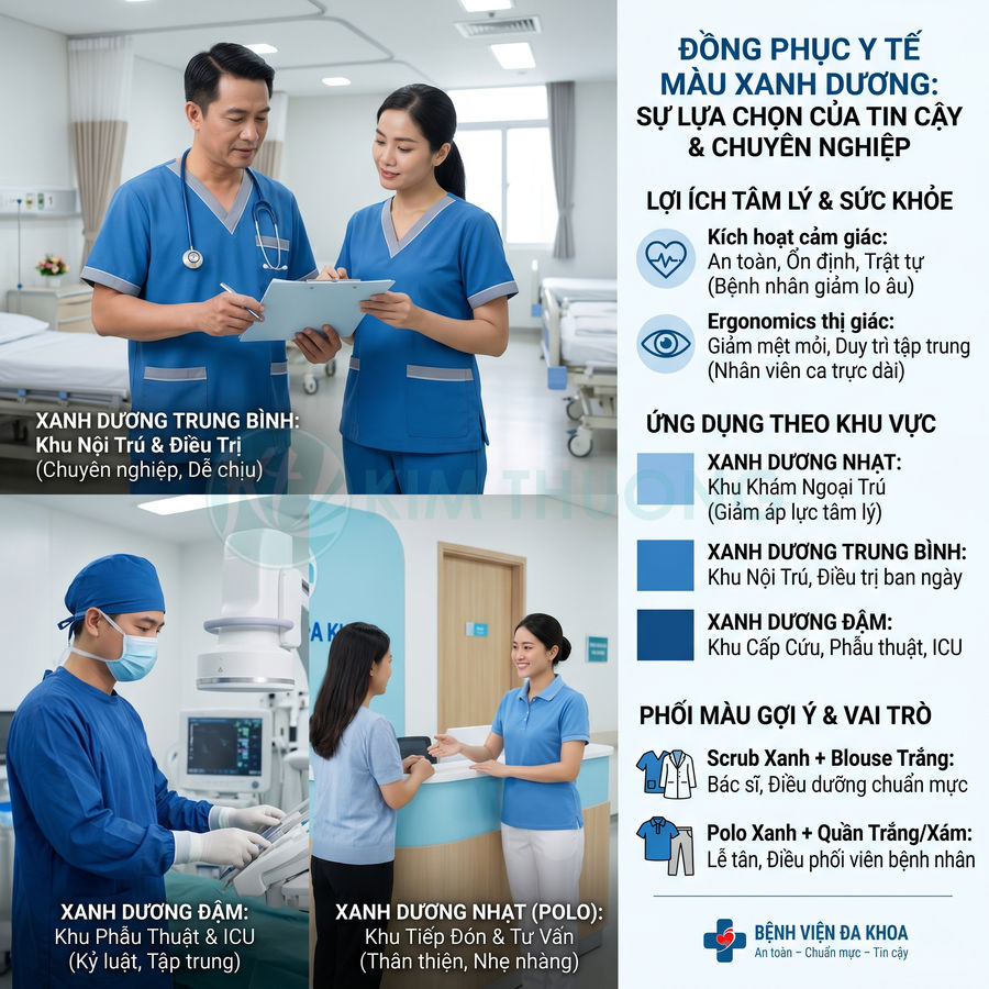 Nhân viên y tế mặc đồng phục màu xanh dương trong bệnh viện, tư vấn và chăm sóc bệnh nhân chuyên nghiệp