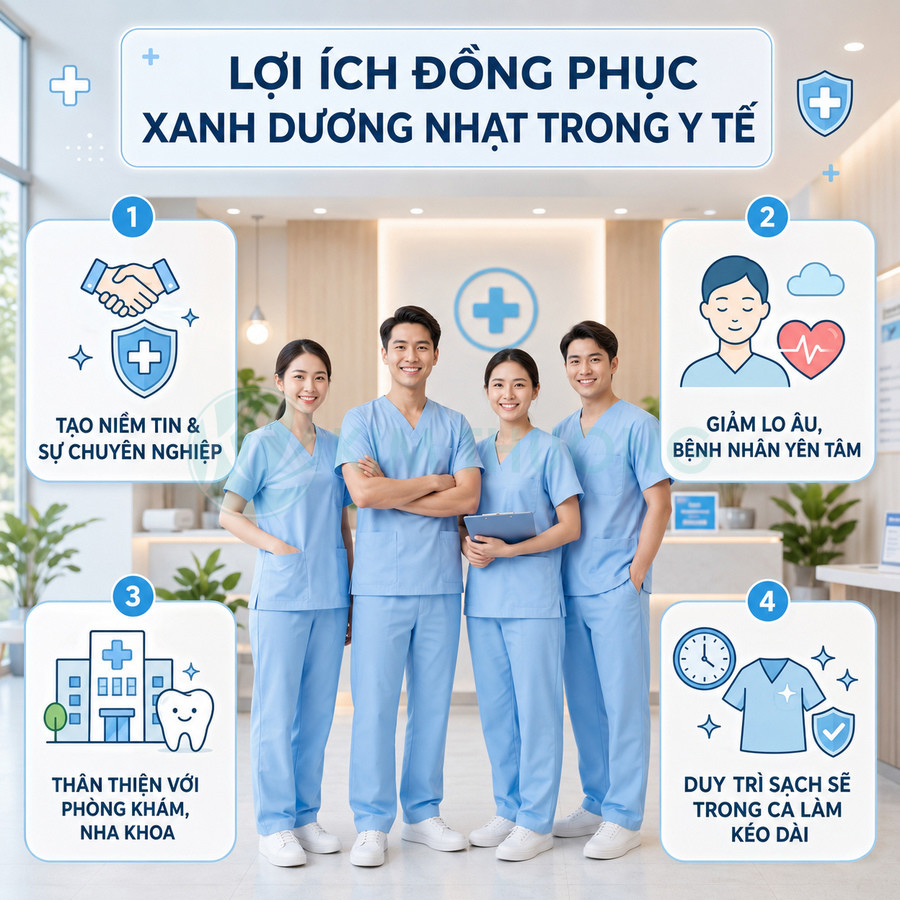 Nhóm nhân viên y tế mặc đồng phục y khoa xanh dương nhạt đứng trong sảnh bệnh viện hiện đại