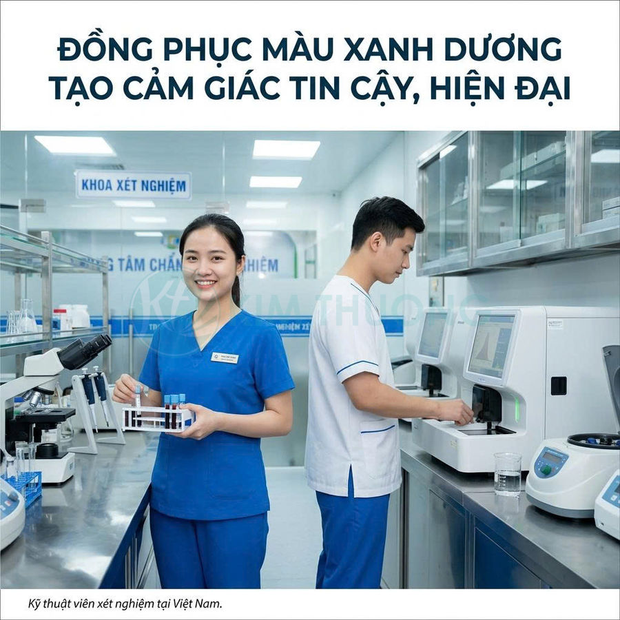 Đồng phục y tế màu xanh dương cho kỹ thuật viên xét nghiệm trong phòng lab hiện đại