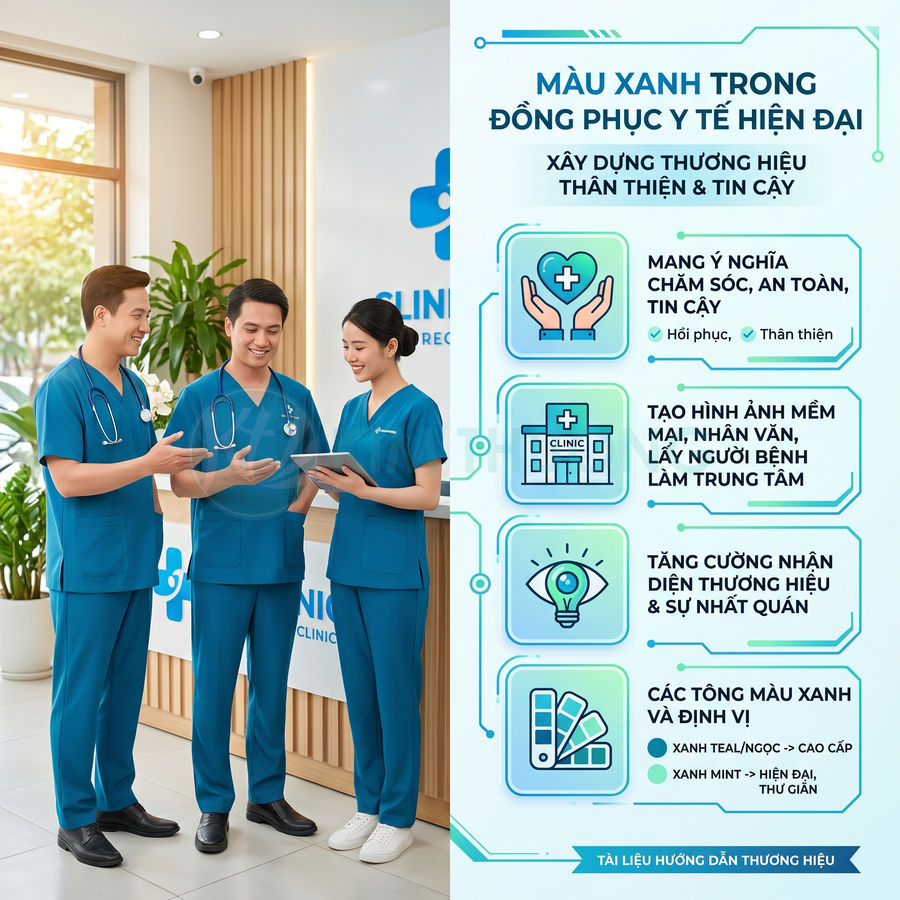 Ba nhân viên y tế mặc đồng phục màu xanh teal hiện đại đang trao đổi công việc trong sảnh phòng khám