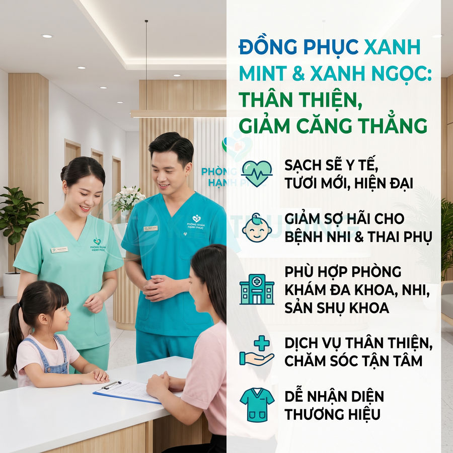 Đồng phục y tế màu xanh mint và xanh ngọc cho nhân viên phòng khám tư vấn bệnh nhi