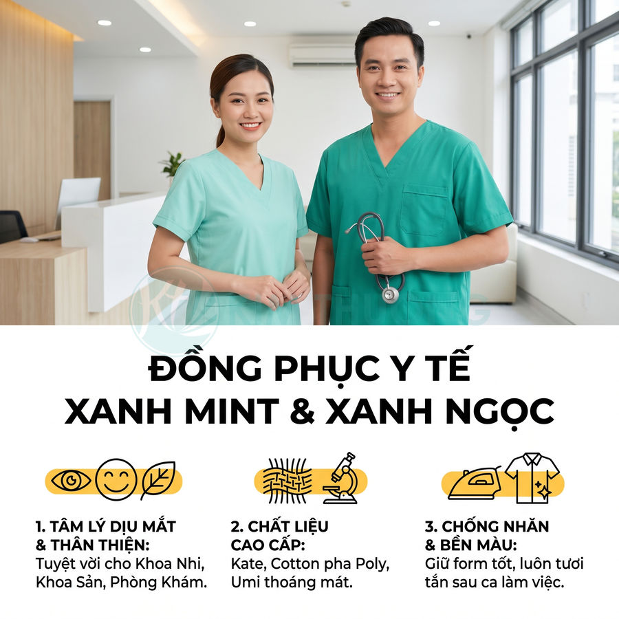 Đồng phục y tế màu xanh mint và xanh ngọc cho bác sĩ, điều dưỡng, chất liệu mát, chống nhăn, phù hợp bệnh viện phòng khám