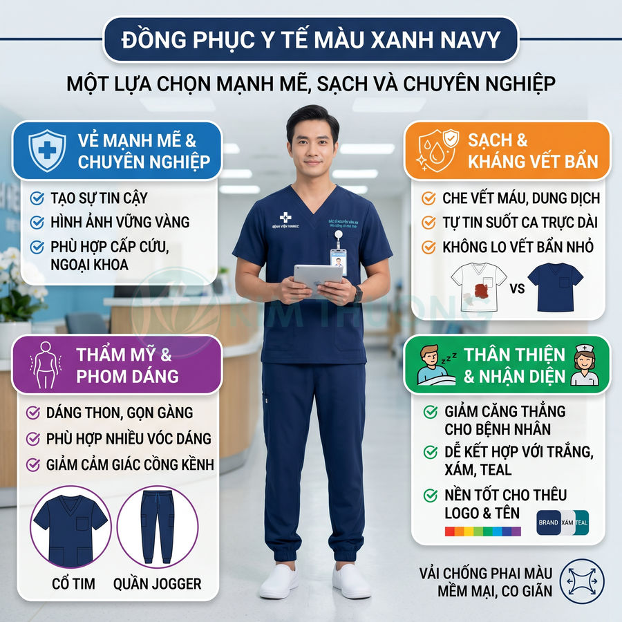 Đồng phục y tế màu xanh navy cổ tim quần jogger cho bác sĩ nam đứng trong bệnh viện