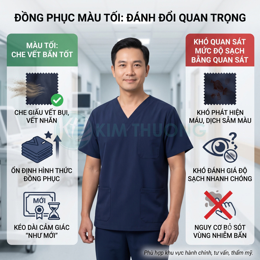 Nam nhân viên y tế mặc đồng phục scrub màu xanh đậm đứng trong hành lang bệnh viện
